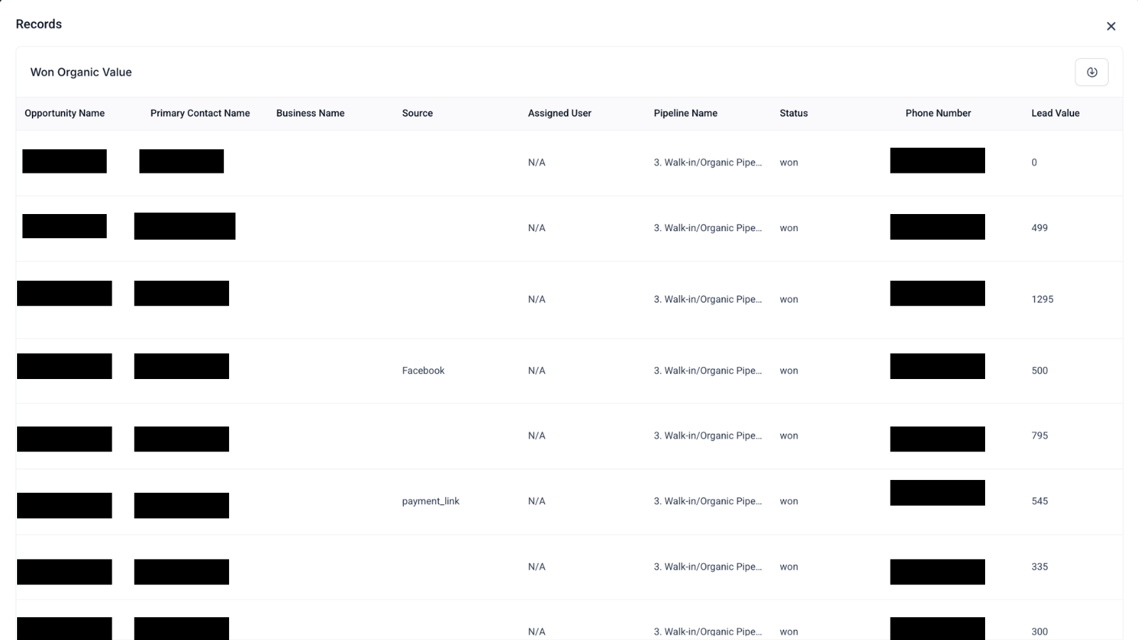 GHL Won Opportunities — individual deal records